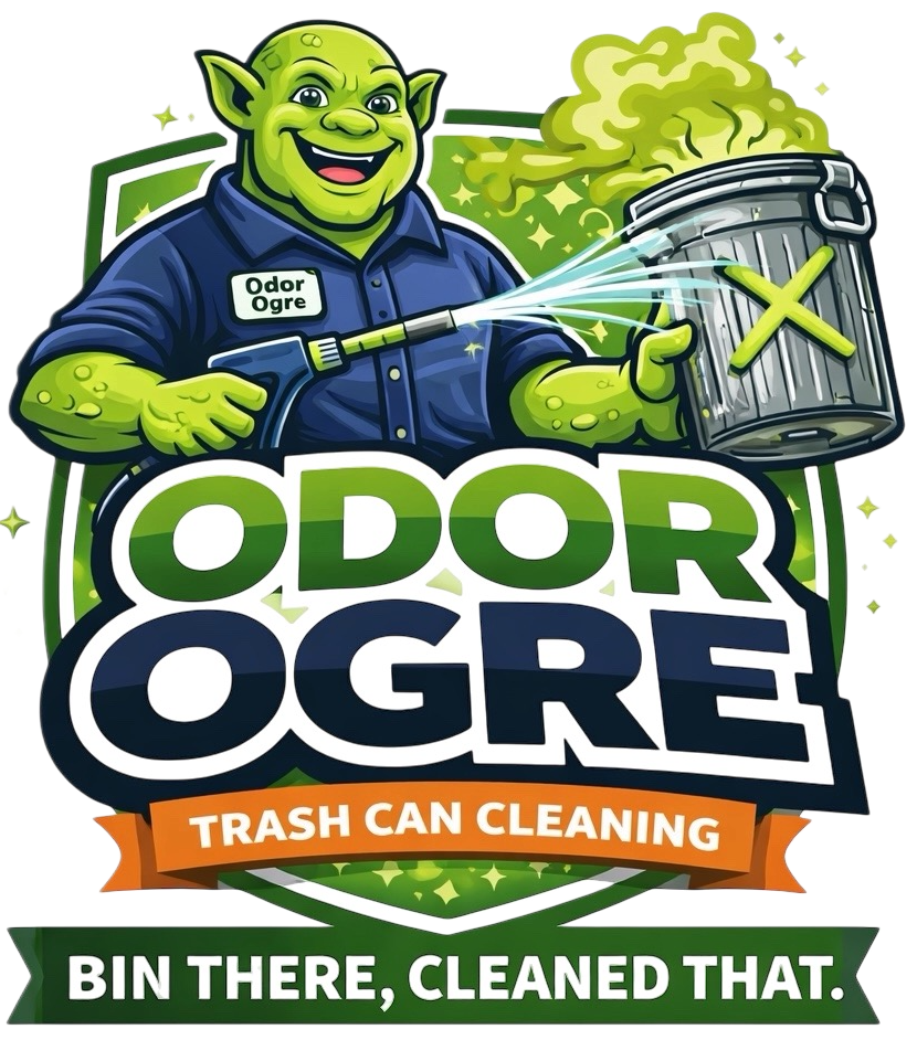 Cartoon-style logo for Odor Ogre Trash Can Cleaning featuring a smiling green ogre in a blue work shirt spraying and cleaning a smoking trash can. The logo includes bold green and navy lettering with the slogan “Bin There, Cleaned That.”